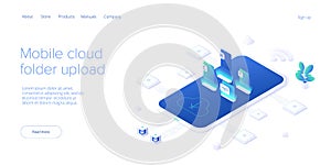 Using cloud folder service in isometric vector illustration. Uploading documents in digital storage. Data transfering application