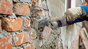 Using a combination of sledgehammers and prying tools workers carefully remove bricks from the wall one by one photo