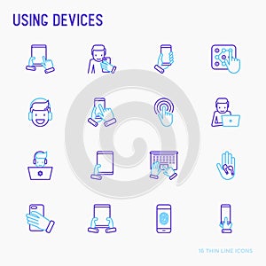 Using devices thin line icons set
