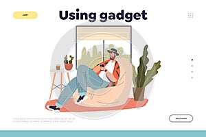 Using gadgets concept of landing page with young man relaxing at home with smartphone in hands