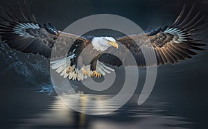A bald eagle flying above the surface water to find prey with blurred water background, generative AI