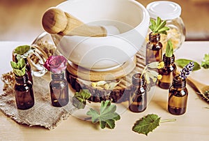 Using herbal essential oils in beauty products concept.