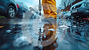 Using high pressure washer to clean water puddle on wet street