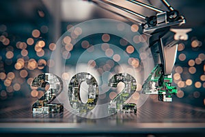 Using its 3-axis arm, the robot meticulously arranges the 2024 inscription, which is composed of electronic plates with intricate