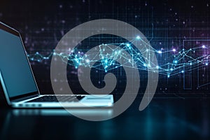 Using a laptop against the background of visualization of a computer internet network, Generative AI.