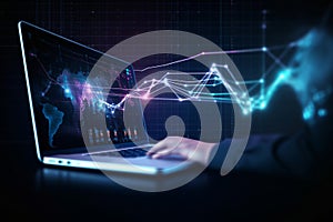 Using a laptop against the background of visualization of a computer internet network, Generative AI.