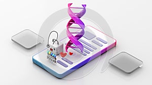 using a mobile device to see genetic and personal health data, use medications, and cure ailments,3d rendering