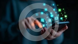 Using mobile phone for cloud computing and data management with digital application interface icons