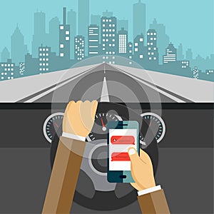 Using mobile phone while driving. Flat illustration