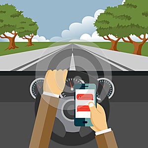 Using mobile phone while driving. Flat  illustration