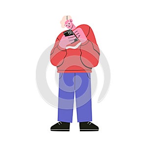 Using mobile phone. Young man character standing, looking at smartphone, texting message, scrolling online, surfing