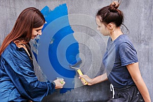 Using paint roller and brush, women painting gray wall with blue paint.