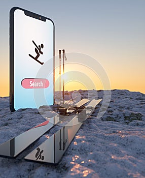 Using a phone to book a winter holiday 3d render
