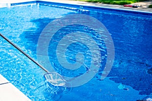 Using a pole skimmer to collect leaves out of a swimming pool