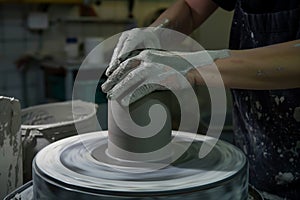 using a pottery wheel to shape a cylindrical sculpture