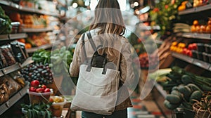 Using reusable canvas bags for food shopping over a grocery store background - concept of consumerism, eating, and eco