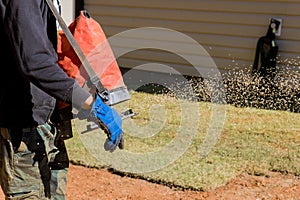 Using a seeding device, landscapers work with gardeners to plant grass seed in their lawns.