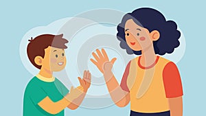 A the using sign language to teach an autistic child how to express their emotions.. Vector illustration.