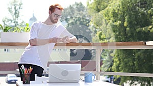 Using Smartphone, Browsing, Standing in Balcony of Office Outdoor, Gesture