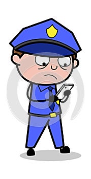 Using Smartphone - Retro Cop Policeman Vector Illustration