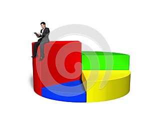 Using tablet and sitting on top of 3d pie chart