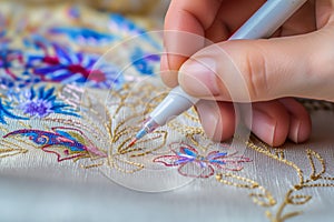 using a water soluble pen to transfer an embroidery pattern onto cloth