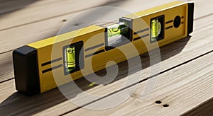 Using Yellow Level Tool on Wood Surface for Precise Measurement
