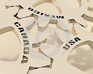 USMCA - United States Mexico Canada Agreement concept. Connected gears with country names. Trade union. 3D render
