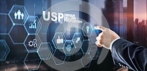 USP. Inscription Unique selling proposition on Virtual Screen. Marketing and technology concept