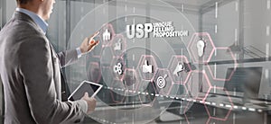 USP. Inscription Unique selling proposition on Virtual Screen. Marketing and technology concept