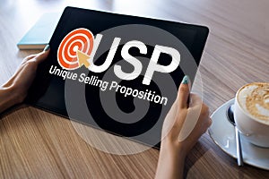 USP - Unique selling propositions. Business and finance concept on device screen.