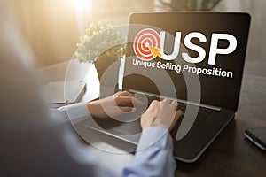 USP - Unique selling propositions. Business and finance concept on device screen