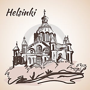 Uspenski Cathedral in Helsinki - Finland. Sketch, Isolated on white background