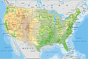 High detailed United States of America physical map with labeling. photo