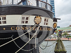 USS Constellation frigate war ship docked in Baltimore Inner Harbor