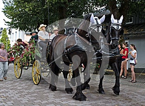 Usseln, Germany - July 30th, 2018 - Carriage drawn by two dark brown horses at a parade