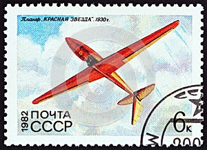 USSR - CIRCA 1982: A stamp printed in USSR from the `History of Soviet Gliders` issue shows Red Star, S. P. Korolev, 1930