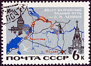 USSR - CIRCA 1966: A stamp printed in USSR shows Map of Lenin Volga-Baltic canal system, circa 1966.