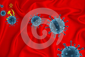 Ussr flag. Blue viral cells, pandemic influenza virus epidemic infection, coronavirus, infection concept. 3d-rendering