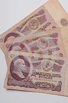 USSR money. Bill of twenty five rubles. Old Soviet banknotes