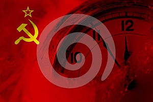 USSR, Soviet, Russia, Russian, Communism flag with clock close to midnight in the background. Happy New Year concept