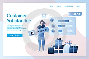 Ð¡ustomer satisfaction and testimonial landing page, woman with rating plank