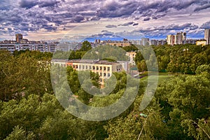 Usual moscow school building with football field