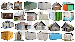 Usual noname abandoned wooden and steel  rural sheds and   barns  for storage of firewood and agricultural tools  isolated photo