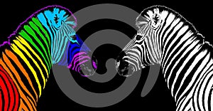 Usual & rainbow color zebra black background isolated, individuality concept, stand out from crowd, think different, creative idea