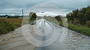 The usually tranquil river takes on a formidable appearance as it overflows onto roads and agricultural land disrupting photo