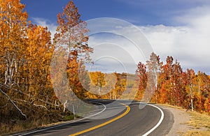 Utah Hwy 39  road that travels across Wasatch mountains in autumn time