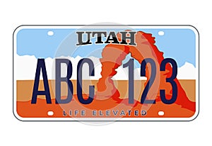 Utah license number plate. Vector usa car plate retro sign, american utah metal symbol