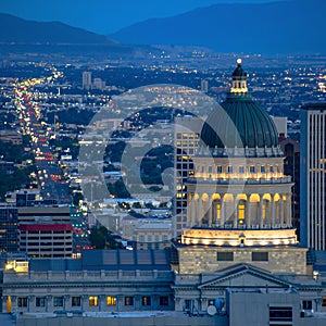 Utah State Capital Building and city at twilight