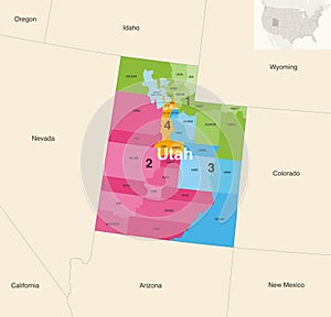 Utah state counties colored by congressional districts vector map with neighbouring states and terrotories photo